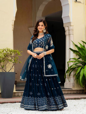 Rajwada Teal Blue Georgette Embellished Semi Stitched Lehenga For Women