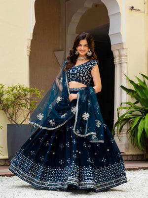 Rajwada Teal Blue Georgette Embellished Semi Stitched Lehenga For Women