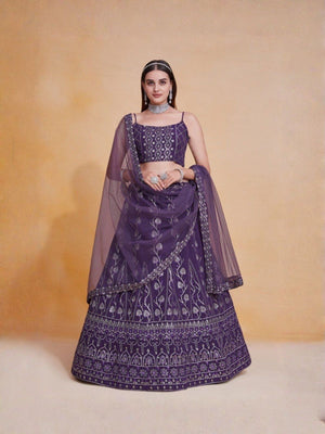 Rajwada Purple Georgette Embellished Semi Stitched Lehenga For Women