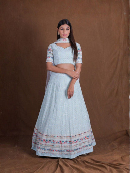 Rajwada Light Blue Georgette Embellished Semi Stitched Lehenga For Women