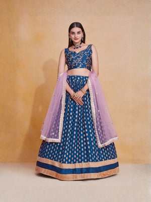 Rajwada Royal Blue Georgette Embellished Semi Stitched Lehenga For Women