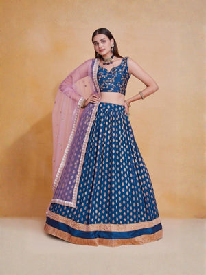 Rajwada Royal Blue Georgette Embellished Semi Stitched Lehenga For Women