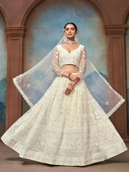 Rajwada Off White Net Embellished Semi Stitched Lehenga For Women