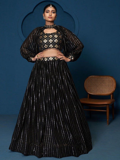 Rajwada Black Georgette Embellished Semi Stitched Lehenga For Women