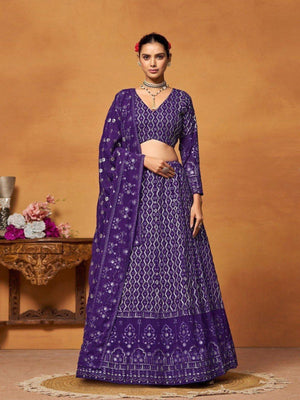 Rajwada Purple Georgette Embellished Semi Stitched Lehenga For Women