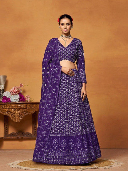 Rajwada Purple Georgette Embellished Semi Stitched Lehenga For Women