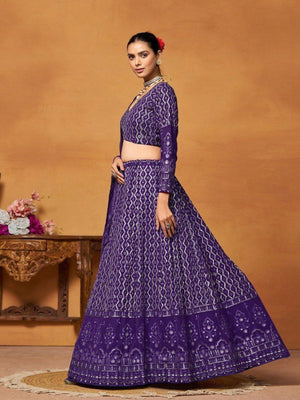 Rajwada Purple Georgette Embellished Semi Stitched Lehenga For Women