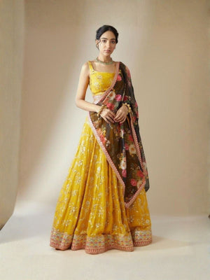 Rajwada Yellow Georgette Embellished Semi Stitched Lehenga For Women