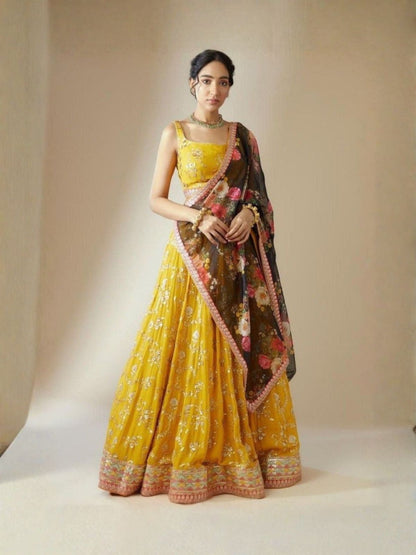 Rajwada Yellow Georgette Embellished Semi Stitched Lehenga For Women