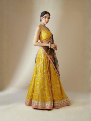 Rajwada Yellow Georgette Embellished Semi Stitched Lehenga For Women