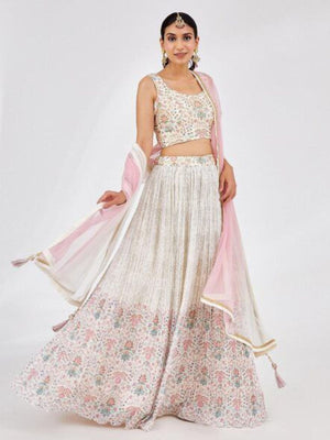 Rajwada White Georgette Printed Semi Stitched Lehenga For Women