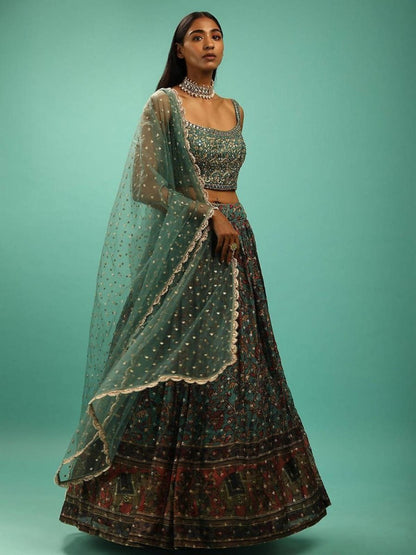 Rajwada Deep Green Chinon Embellished Semi Stitched Lehenga For Women