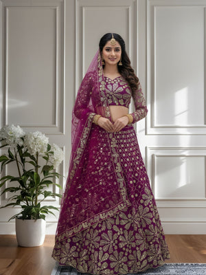 Rajwada Deep Magenta Net Embellished Semi Stitched Lehenga For Women