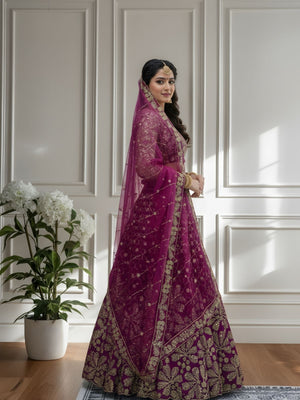 Rajwada Deep Magenta Net Embellished Semi Stitched Lehenga For Women