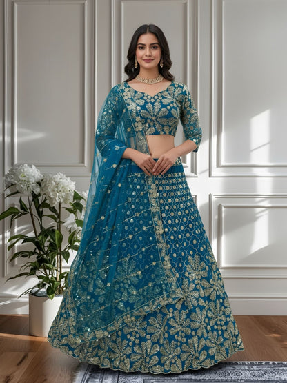 Rajwada Blue Net Embellished Semi Stitched Lehenga For Women
