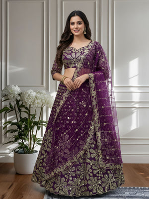 Rajwada Wine Net Embellished Semi Stitched Lehenga For Women