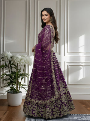 Rajwada Wine Net Embellished Semi Stitched Lehenga For Women