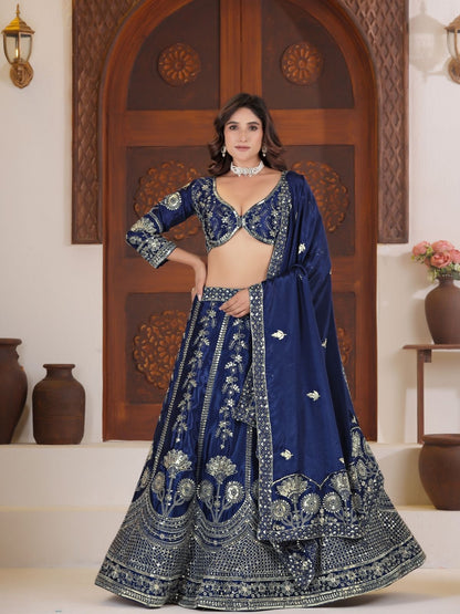 Rajwada Navy Blue Silk Blend Embellished Semi Stitched Lehenga For Women