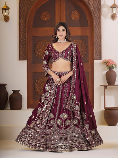 Rajwada Deep Wine Silk Blend Embellished Semi Stitched Lehenga For Women