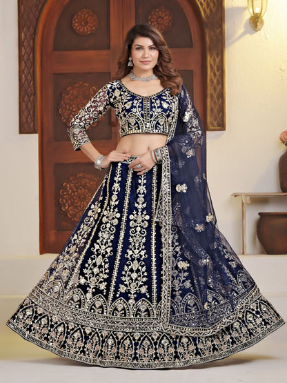 Rajwada Navy Blue Net Embellished Semi Stitched Lehenga For Women