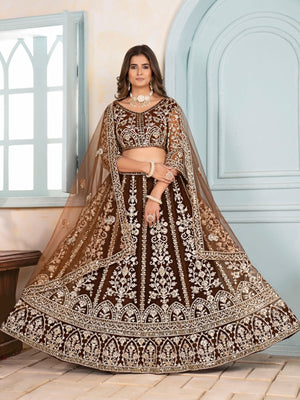 Rajwada Brown Net Embellished Semi Stitched Lehenga For Women