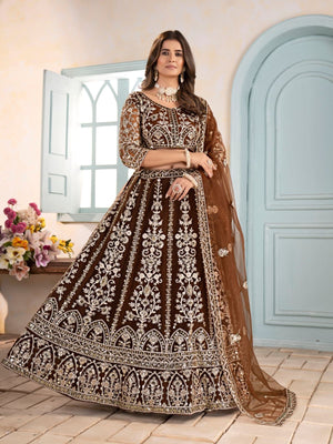 Rajwada Brown Net Embellished Semi Stitched Lehenga For Women