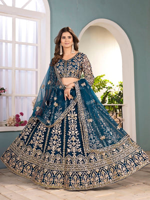 Rajwada Teal Blue Net Embellished Semi Stitched Lehenga For Women