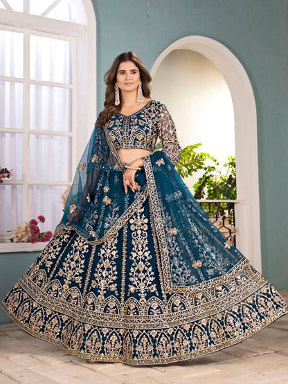 Rajwada Teal Blue Net Embellished Semi Stitched Lehenga For Women