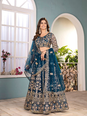 Rajwada Teal Blue Net Embellished Semi Stitched Lehenga For Women