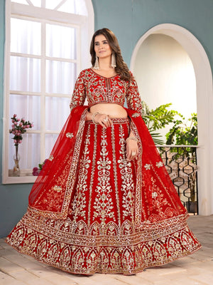 Rajwada Red Net Embellished Semi Stitched Lehenga For Women