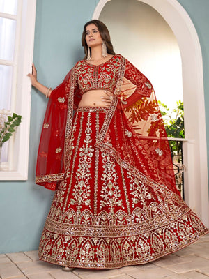 Rajwada Red Net Embellished Semi Stitched Lehenga For Women