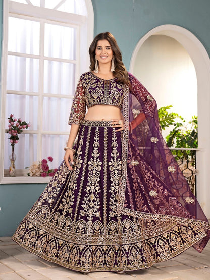 Rajwada Deep Purple Net Embellished Semi Stitched Lehenga For Women