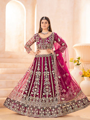 Rajwada Dark Pink Net Embellished Semi Stitched Lehenga For Women