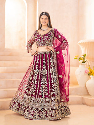 Rajwada Dark Pink Net Embellished Semi Stitched Lehenga For Women