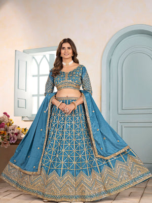 Rajwada Sky Blue Chinon Embellished Semi Stitched Lehenga For Women