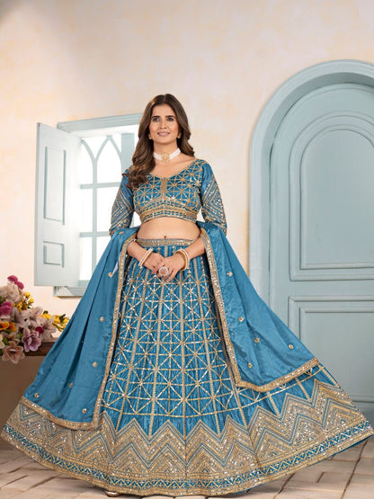 Rajwada Sky Blue Chinon Embellished Semi Stitched Lehenga For Women