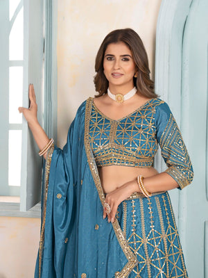 Rajwada Sky Blue Chinon Embellished Semi Stitched Lehenga For Women