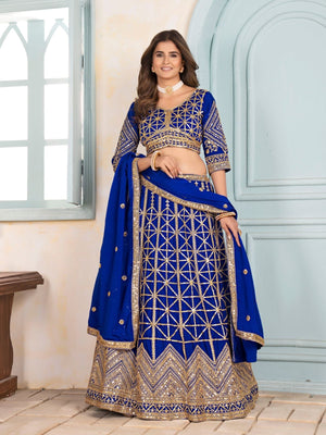 Rajwada Royal Blue Chinon Embellished Semi Stitched Lehenga For Women