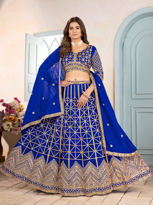 Rajwada Royal Blue Chinon Embellished Semi Stitched Lehenga For Women
