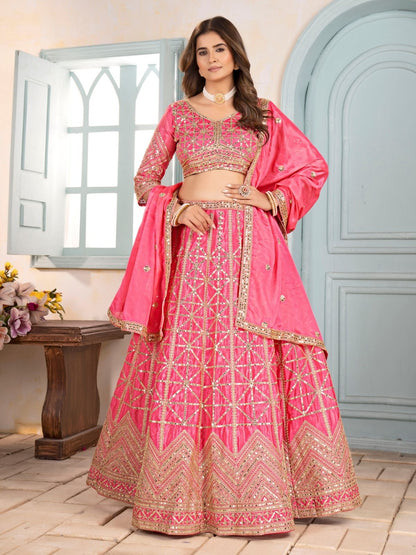 Rajwada Peach Chinon Embellished Semi Stitched Lehenga For Women