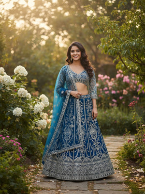 Rajwada Teal Blue Net Embellished Semi Stitched Lehenga For Women