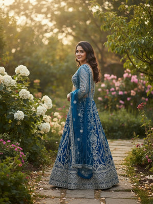 Rajwada Teal Blue Net Embellished Semi Stitched Lehenga For Women