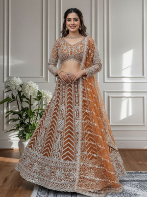 Rajwada Beige Net Embellished Semi Stitched Lehenga For Women