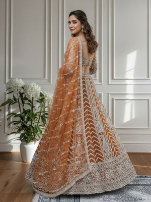 Rajwada Beige Net Embellished Semi Stitched Lehenga For Women