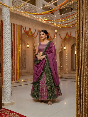 Rajwada Mauve and Dark Green Chinon Embellished Semi Stitched Lehenga For Women