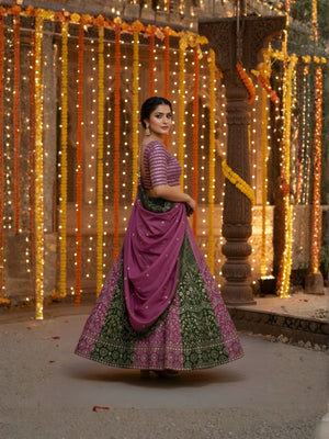 Rajwada Mauve and Dark Green Chinon Embellished Semi Stitched Lehenga For Women