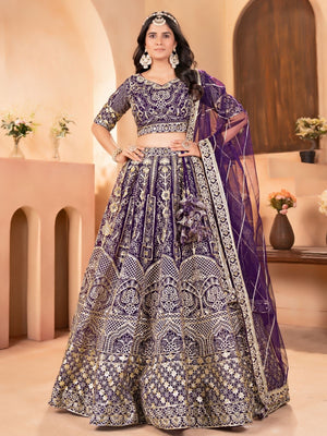 Rajwada Purple Net Embellished Semi Stitched Lehenga For Women