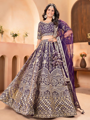 Rajwada Purple Net Embellished Semi Stitched Lehenga For Women