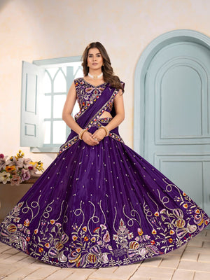 Rajwada Purple Chinon Embellished Semi Stitched Lehenga For Women