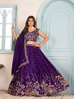 Rajwada Purple Chinon Embellished Semi Stitched Lehenga For Women